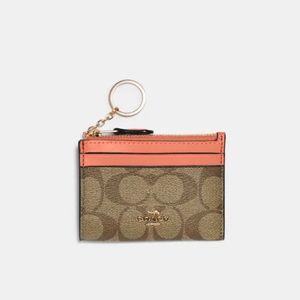 Coach Mini Skinny Id Case In Signature Canvas - Colour: Khaki & Light Coral